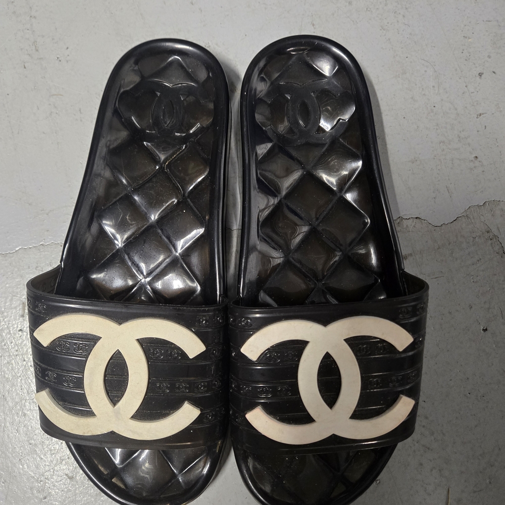 CHANEL Black Slides with Cream Logo